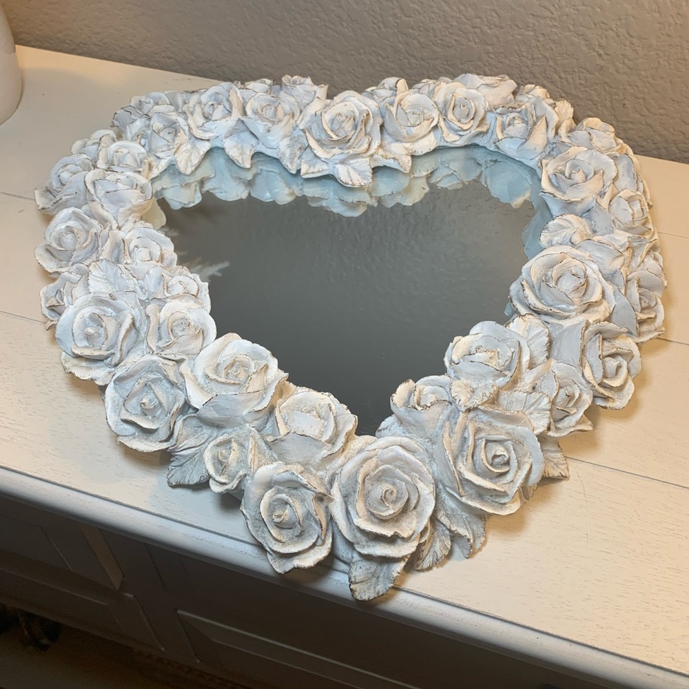 Decorative White Rose Mirror Heart Shabby Chic Vanity/Wall Art DECOLINE NEW YORK